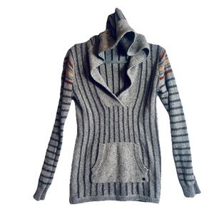 ROXY‎ Knitted Cotton Gray Striped  Hooded V-Neck Sm. Sweater Women's Y2K Soft